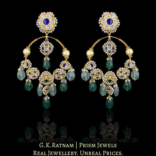 23k Gold and Diamond Polki pipe-style Chand Bali Earring Pair with Antiqued Freshwater Pearls and Strawberry Quartz