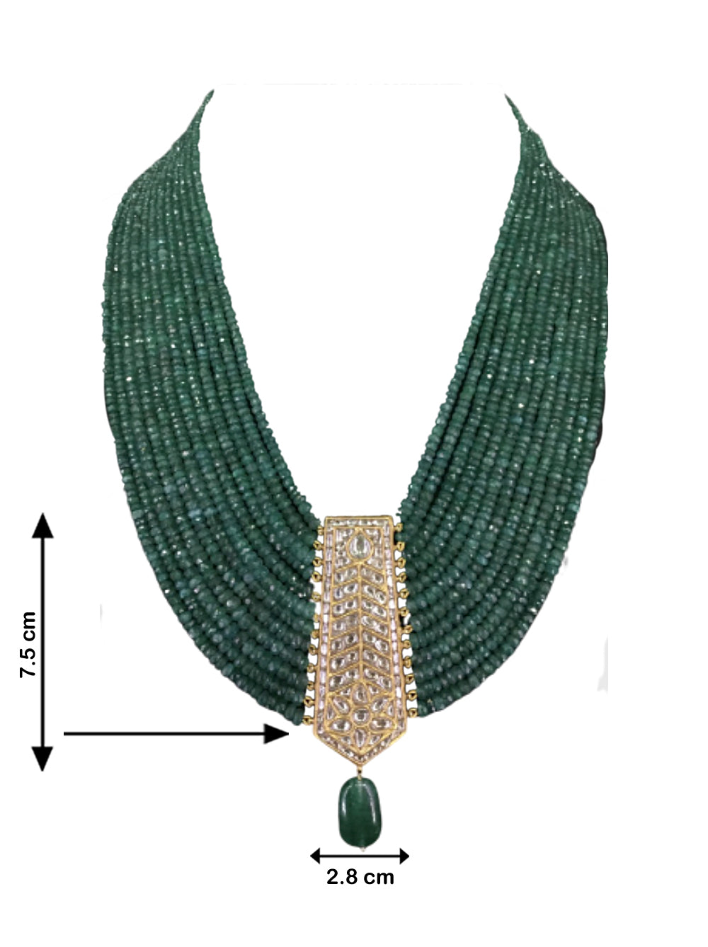 23k Gold and Diamond Polki tie-shaped Pendant with Green Beryls