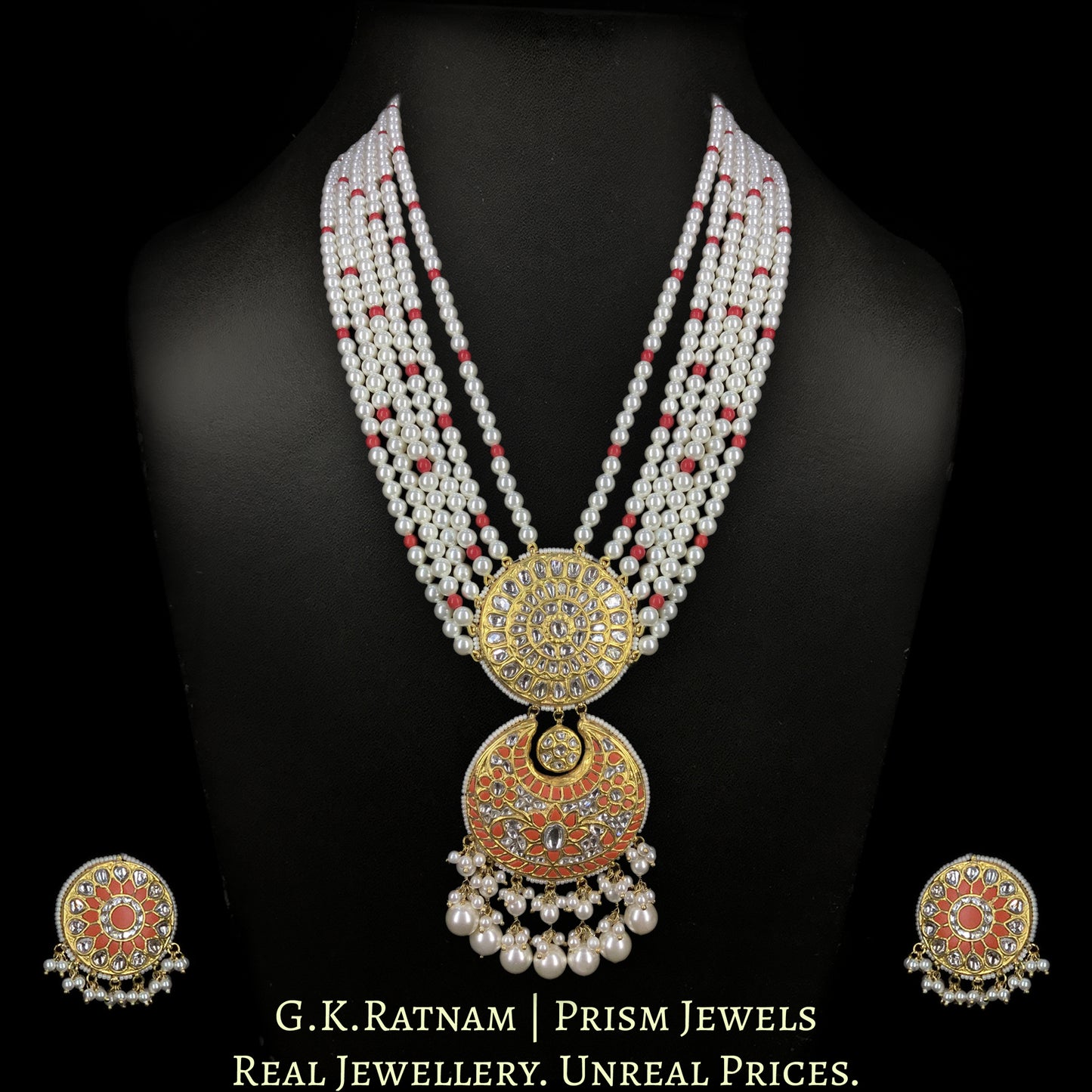 23k Gold and Diamond Polki Long Pendant Set with Coral (moonga) elements