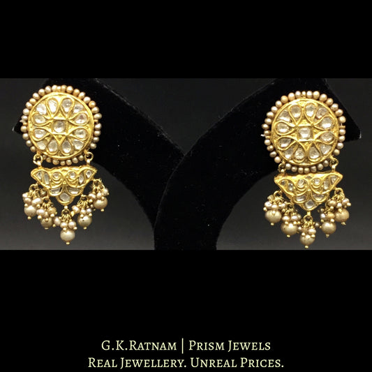 23k Gold and Diamond Polki Long Earring Pair with Antiqued Hyderabadi Pearls - G. K. Ratnam
