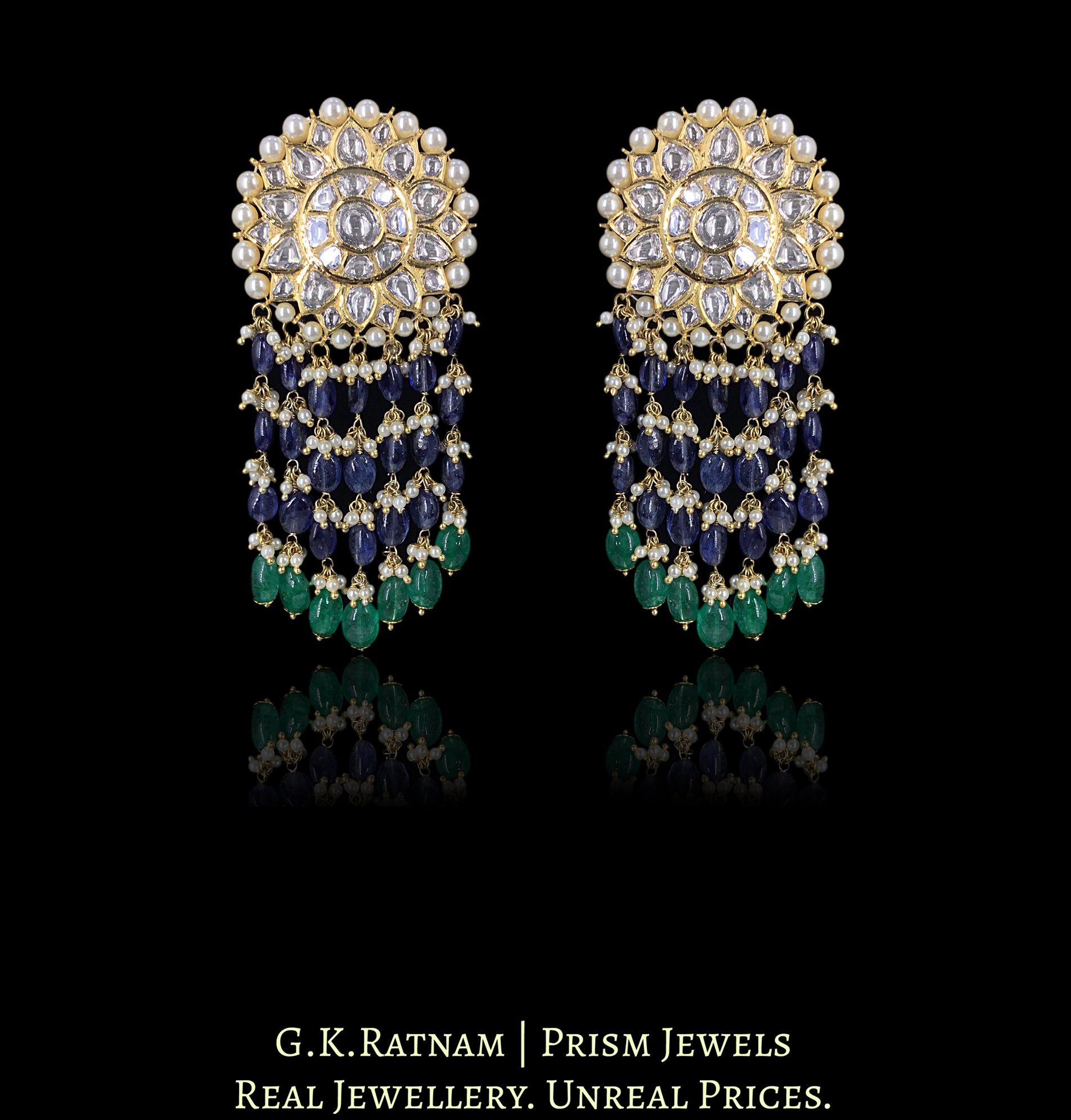 18k Gold and Diamond Polki Karnfool Earring Pair with Blue Sapphires, Beryls and Freshwater Pearls