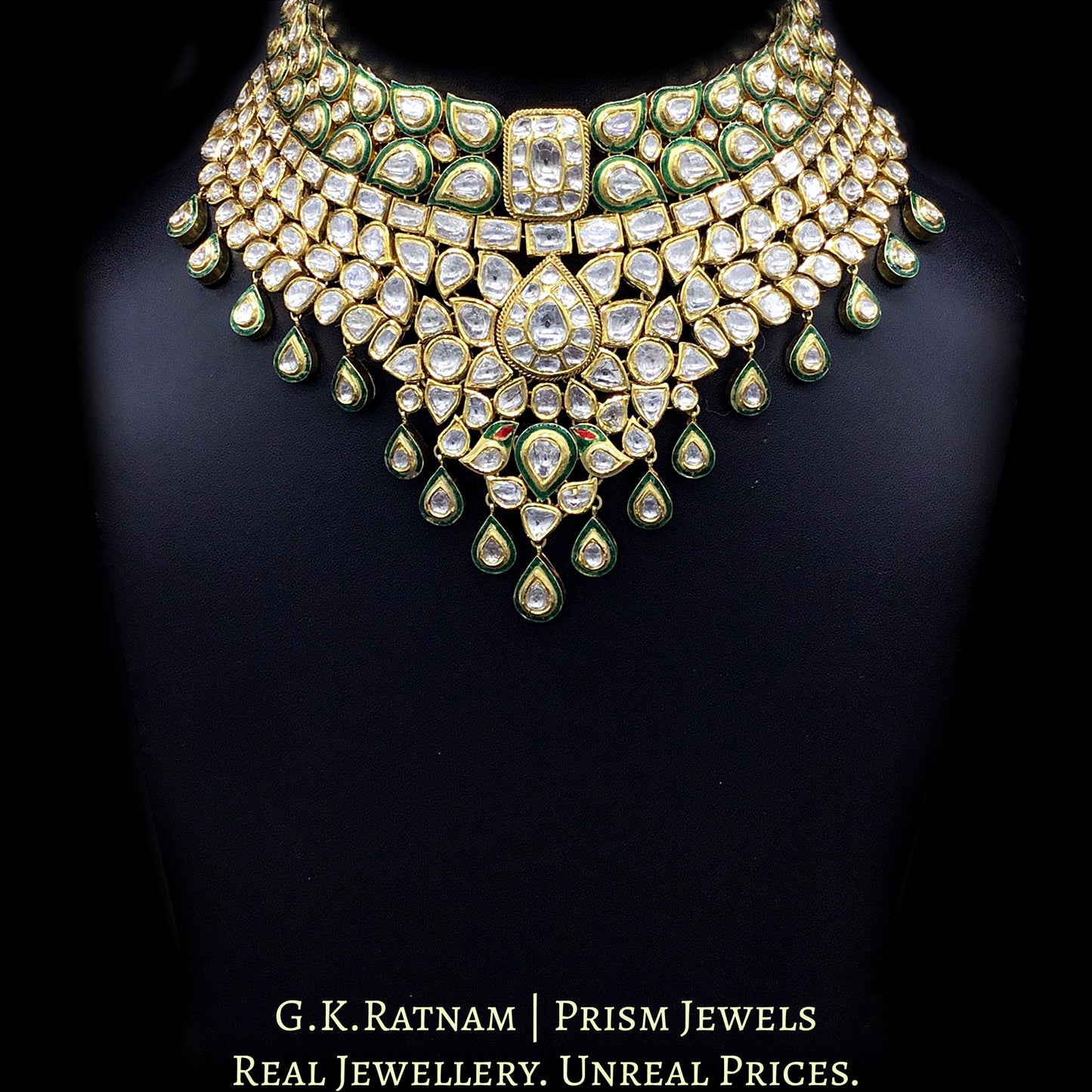 Traditional Gold and Diamond Polki Choker Necklace Set enhanced with a touch of green meenakari