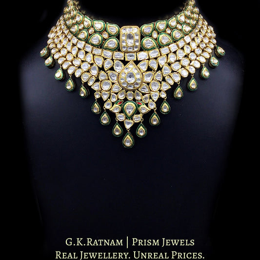 Traditional Gold and Diamond Polki Choker Necklace Set enhanced with a touch of green meenakari