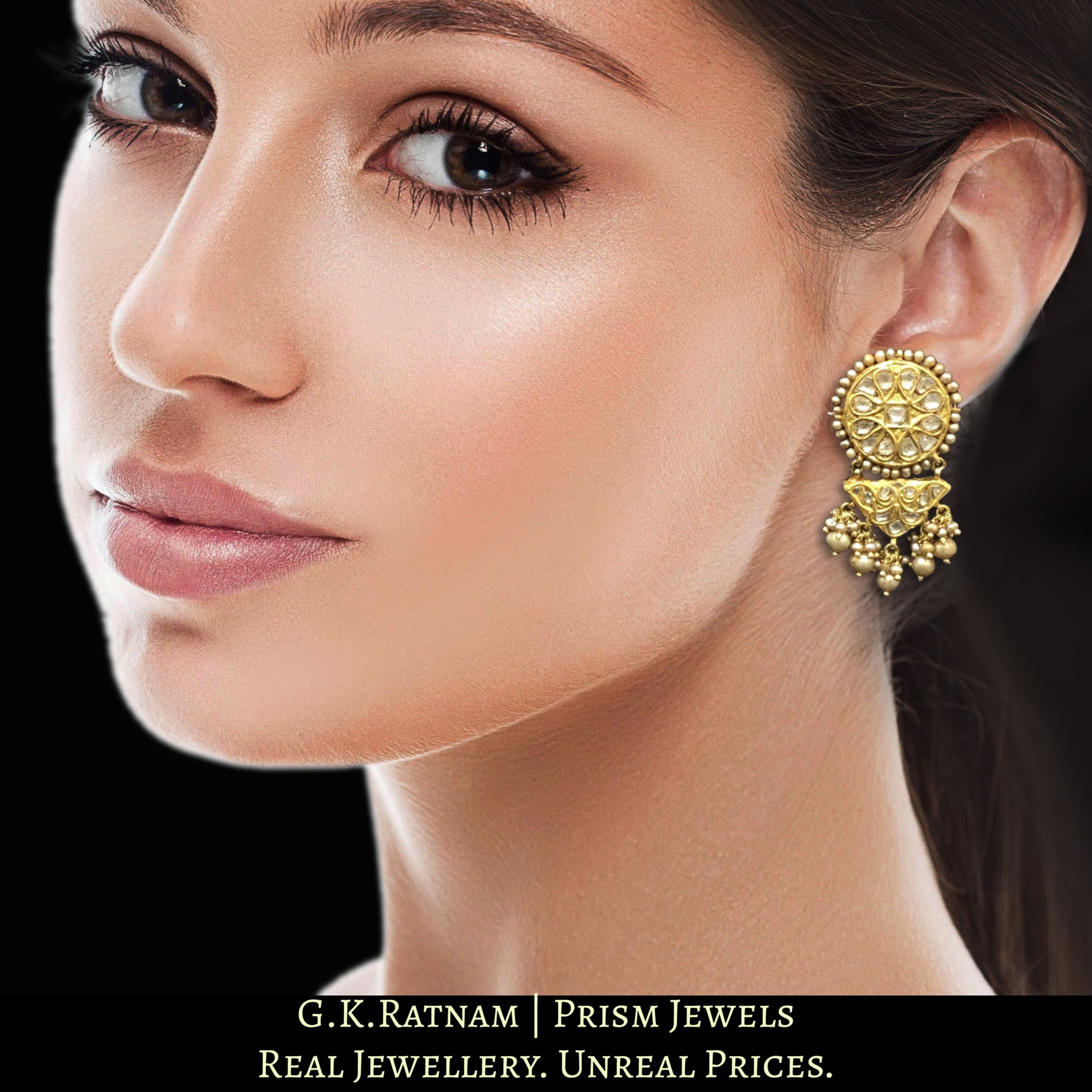 23k Gold and Diamond Polki Long Earring Pair with Antiqued Hyderabadi Pearls