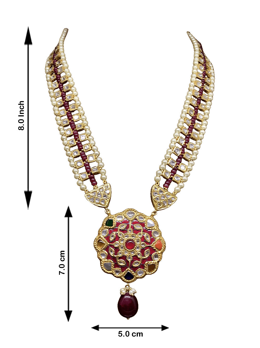 23k Gold and Diamond Polki Navratna floral Pendant Set with Patrihaar / Ranihaar
