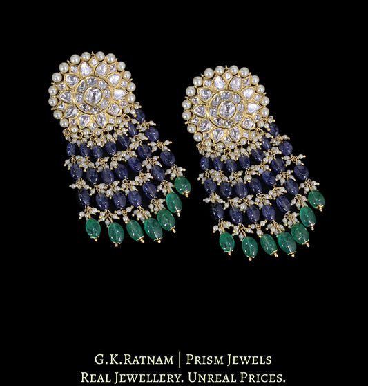 18k Gold and Diamond Polki Karnfool Earring Pair with Blue Sapphires, Beryls and Freshwater Pearls