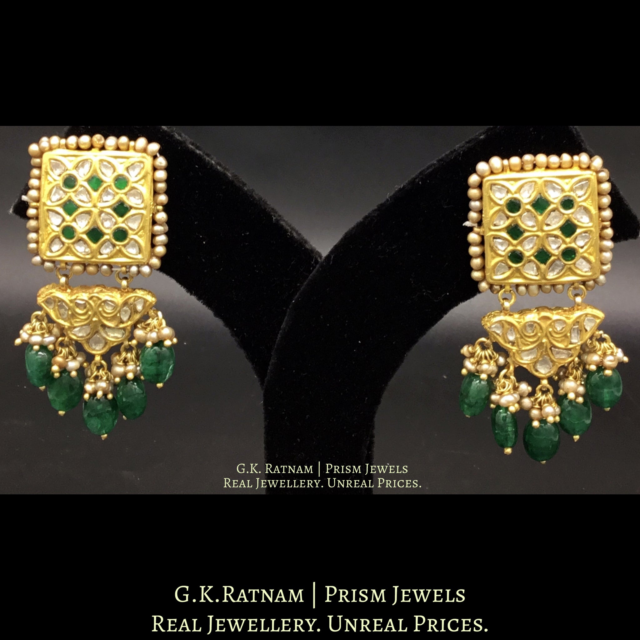 23k Gold and Diamond Polki Long Earring Pair with emerald-grade beryls and antique pearls