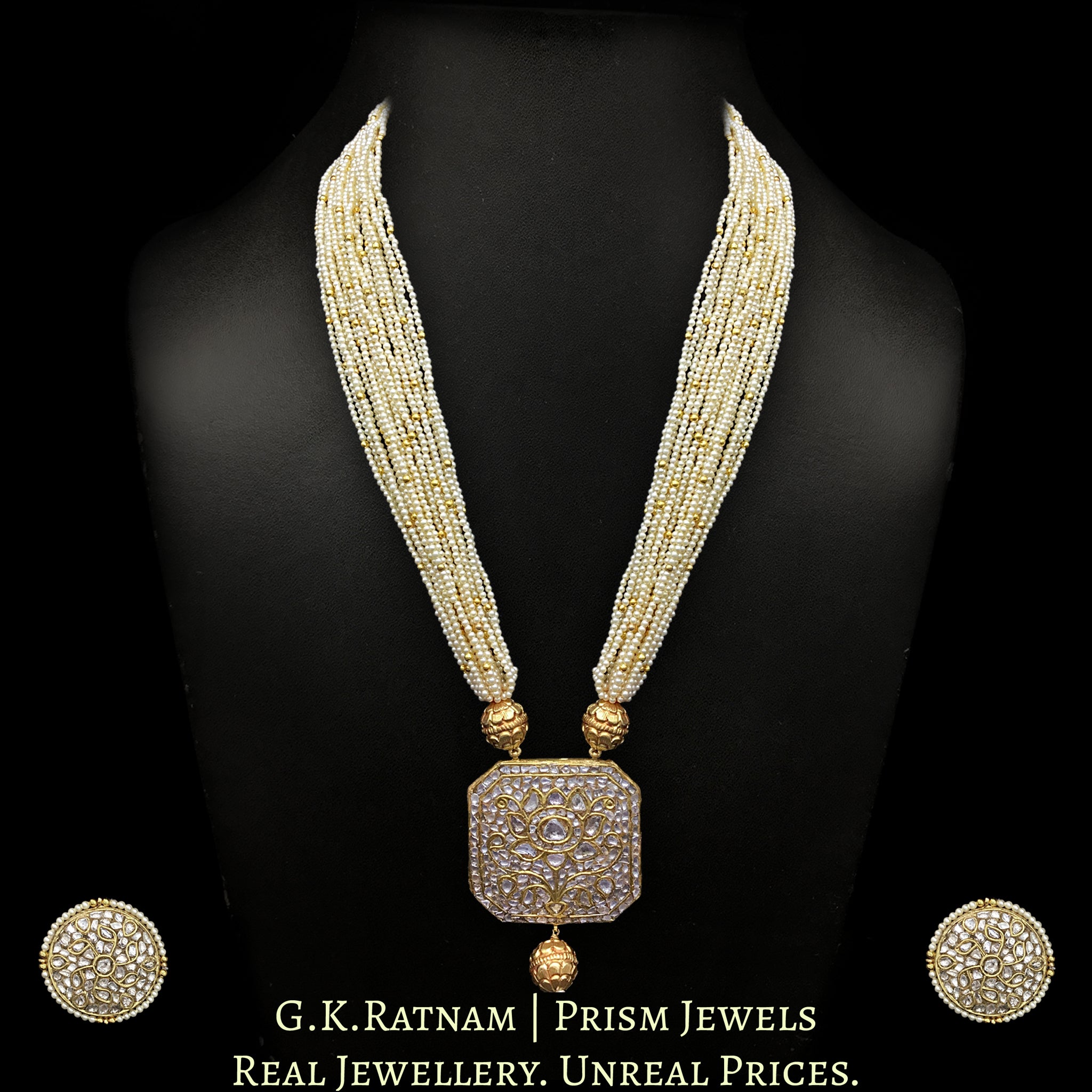 23k Gold and Diamond Polki Octagonal Pendant Set in lustrous pearl bunches scattered with golden beads