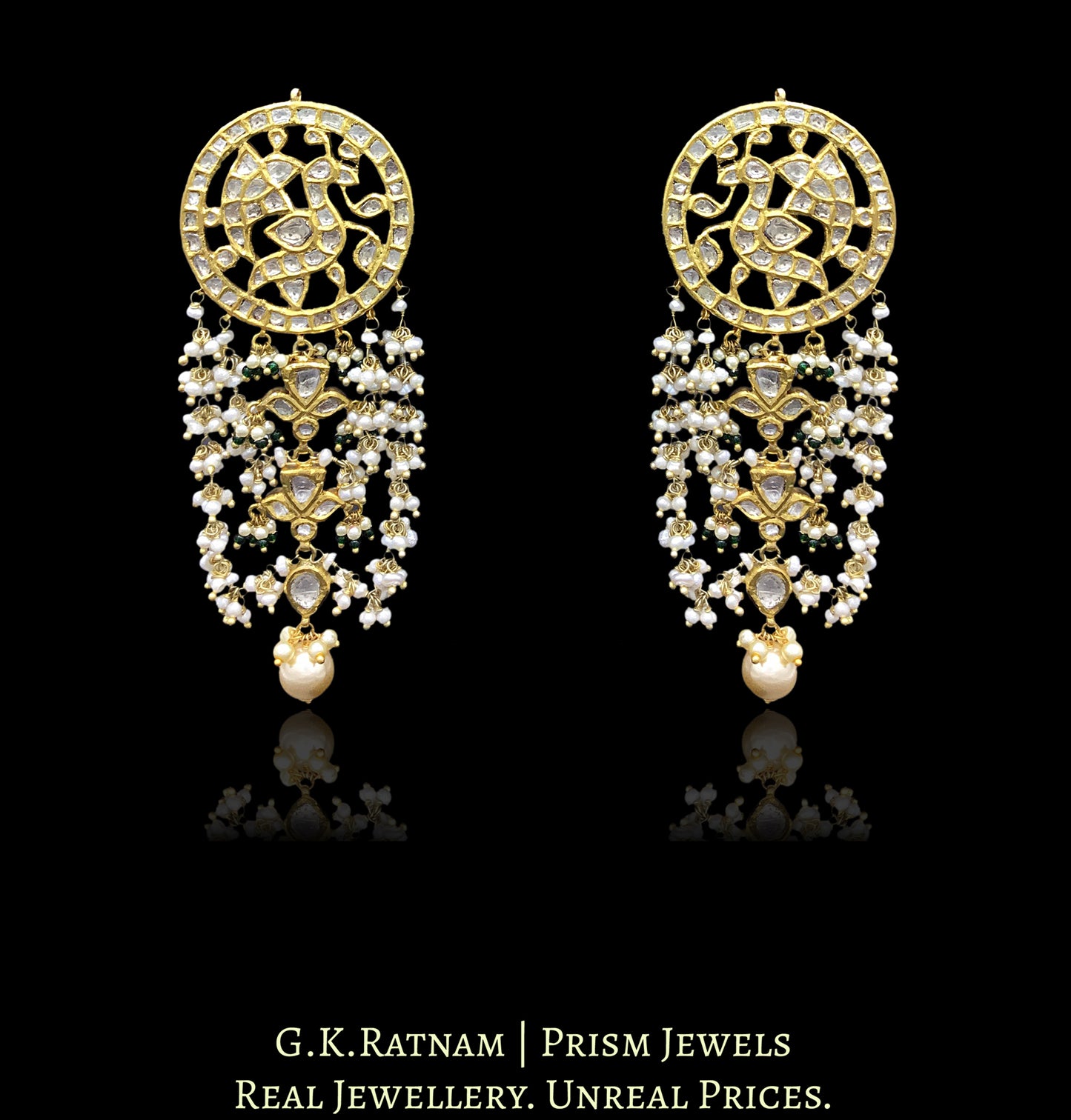 Traditional Gold and Diamond Polki Karanphool Earring Pair with Uncut and Pearl Chandeliers - G. K. Ratnam