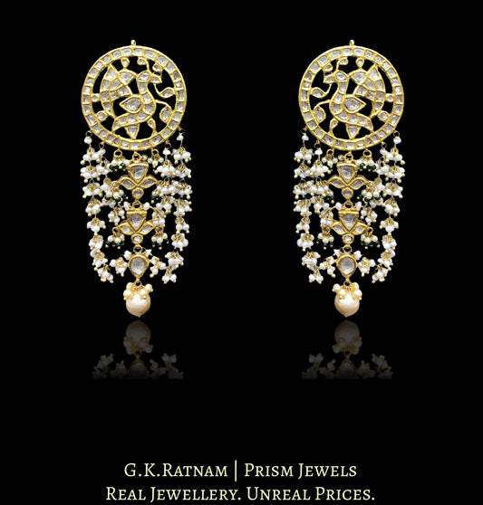 Traditional Gold and Diamond Polki Karanphool Earring Pair with Uncut and Pearl Chandeliers - G. K. Ratnam
