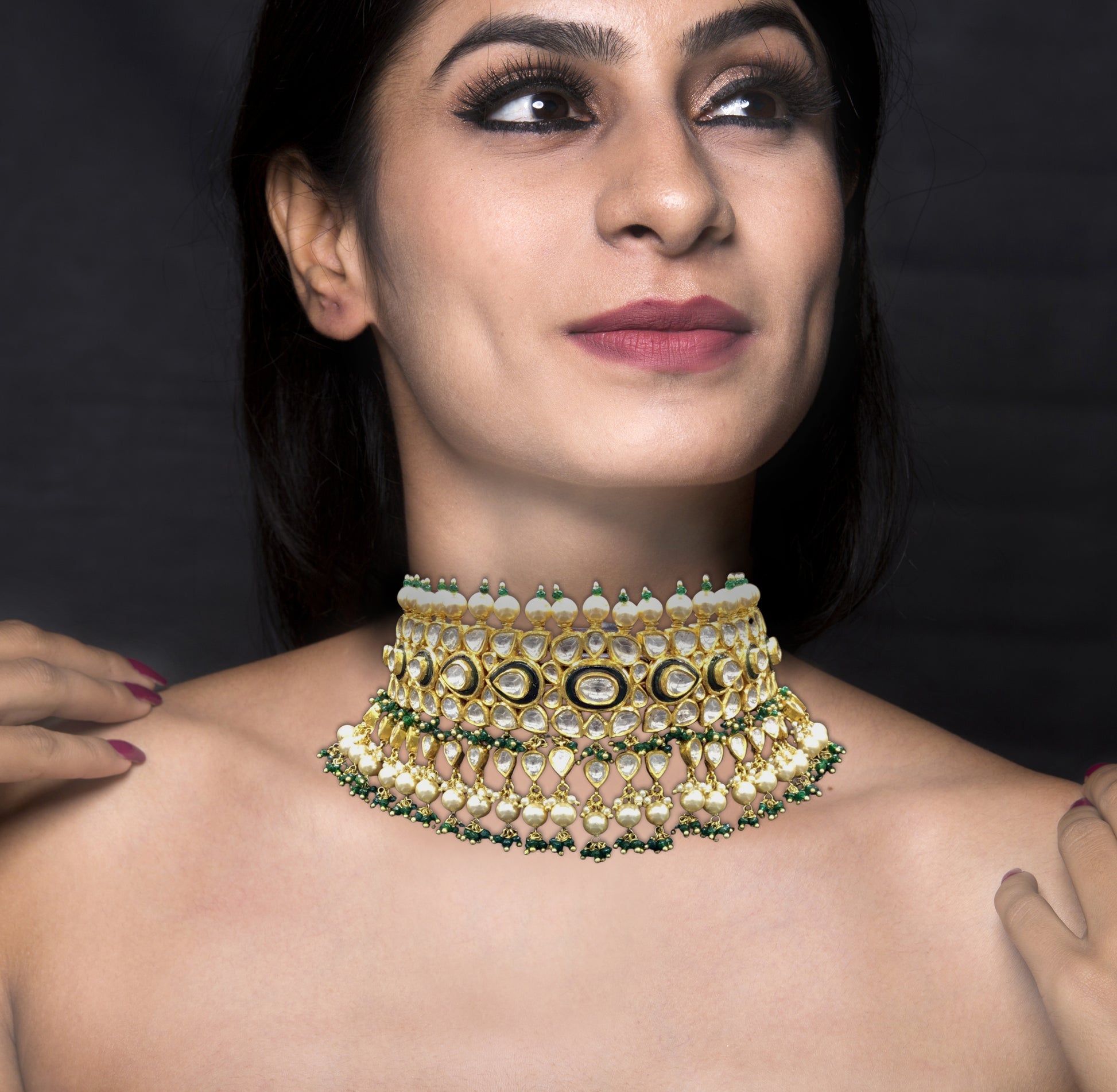 18k Gold and Diamond Polki green Choker Necklace Set with triple-coated shell pearls and emerald-green bead clusters - G. K. Ratnam
