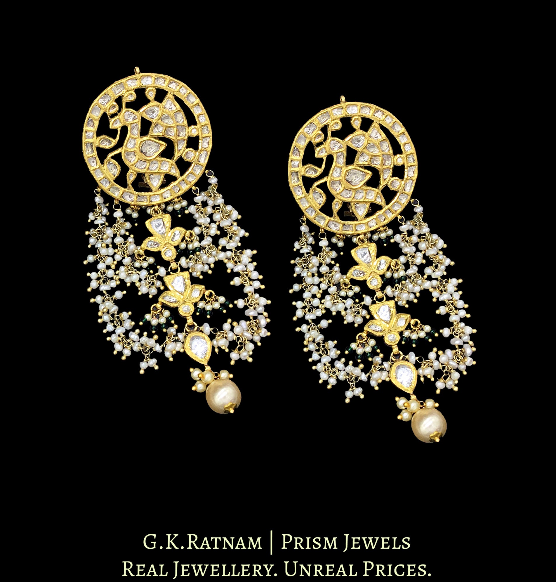 Traditional Gold and Diamond Polki Karanphool Earring Pair with Uncut and Pearl Chandeliers - G. K. Ratnam