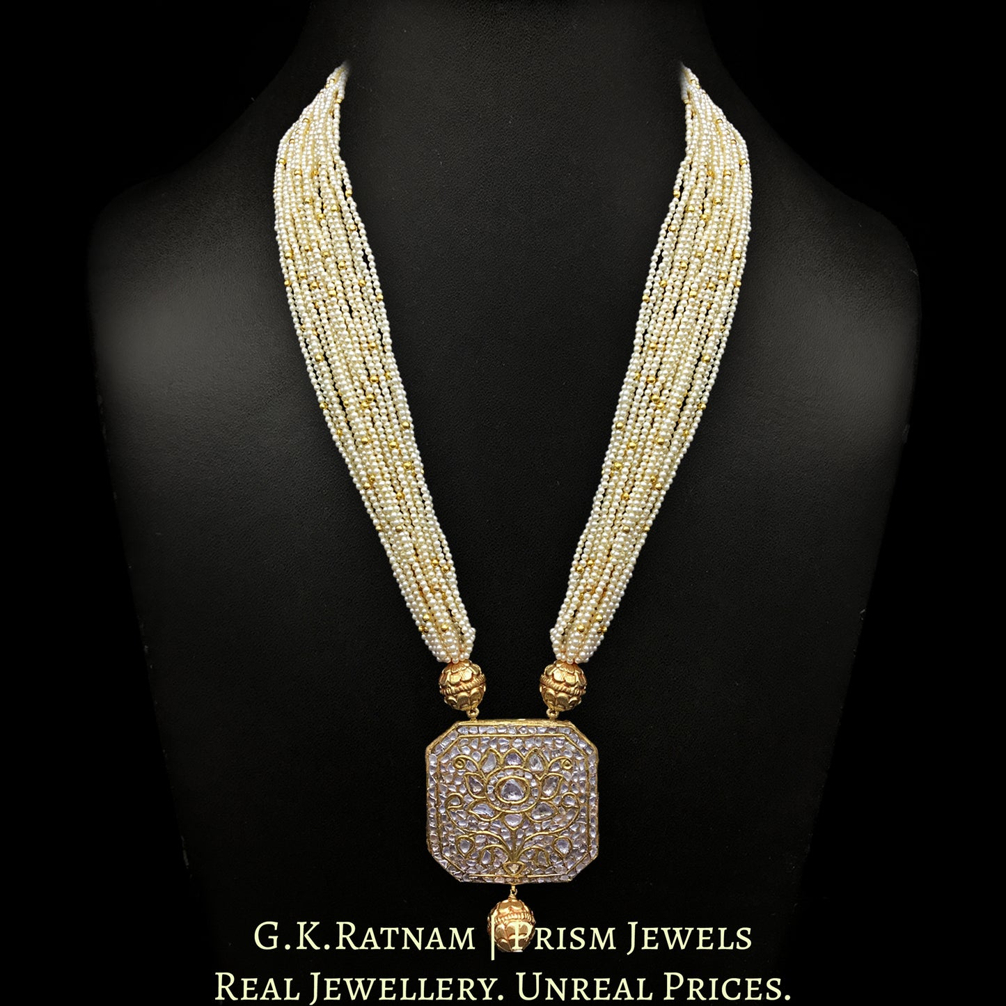 23k Gold and Diamond Polki Octagonal Pendant Set in lustrous pearl bunches scattered with golden beads