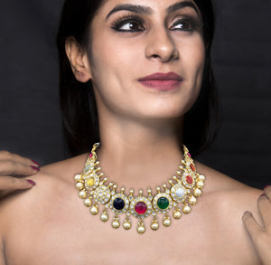 18k Gold and Diamond Polki Navratna Necklace Set with Round-shaped Tikdas - G. K. Ratnam