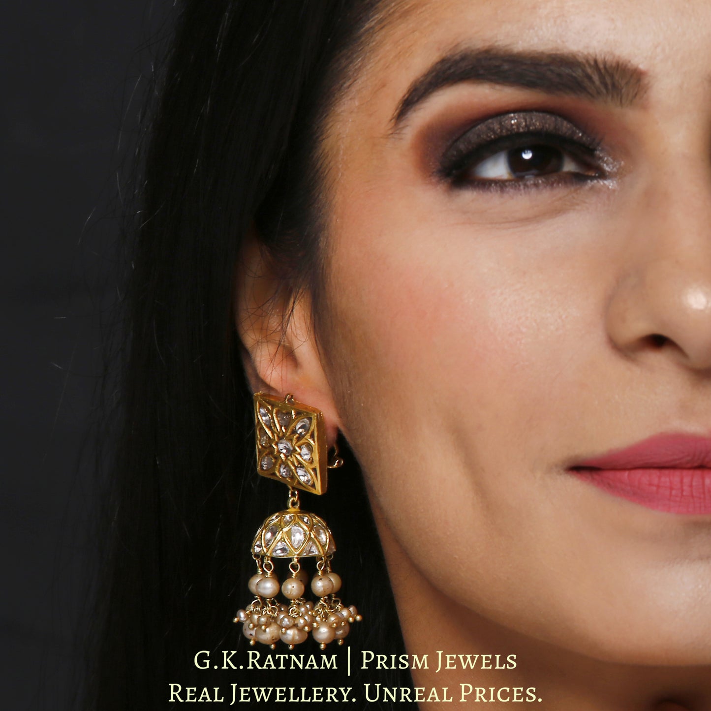 23k Gold and Diamond Polki Square Tops and Jhumki Earring Pair with antiqued freshwater pearls