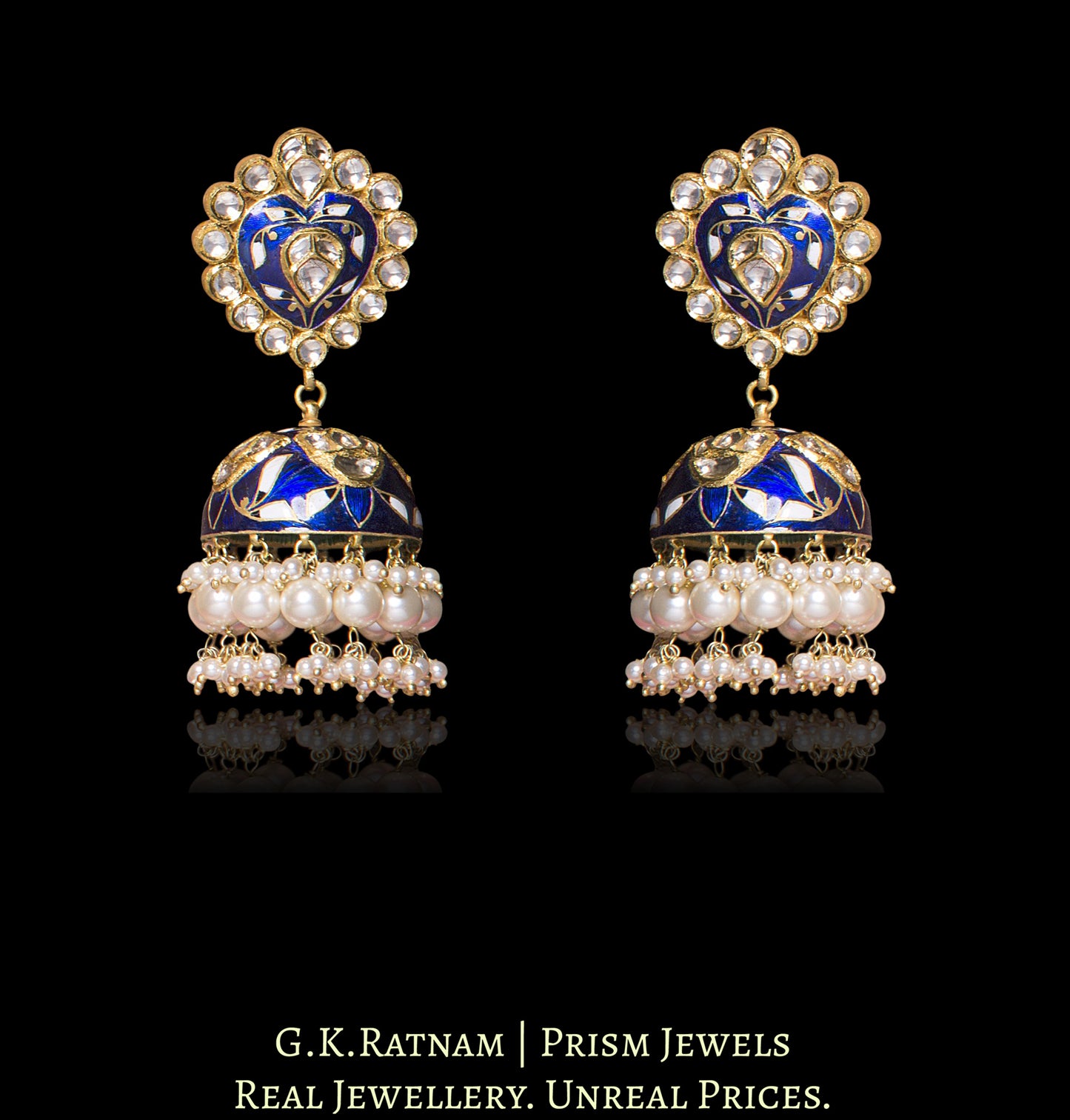 18k Gold and Diamond Polki blue enamel Jhumki Earring Pair with karanphools - G. K. Ratnam