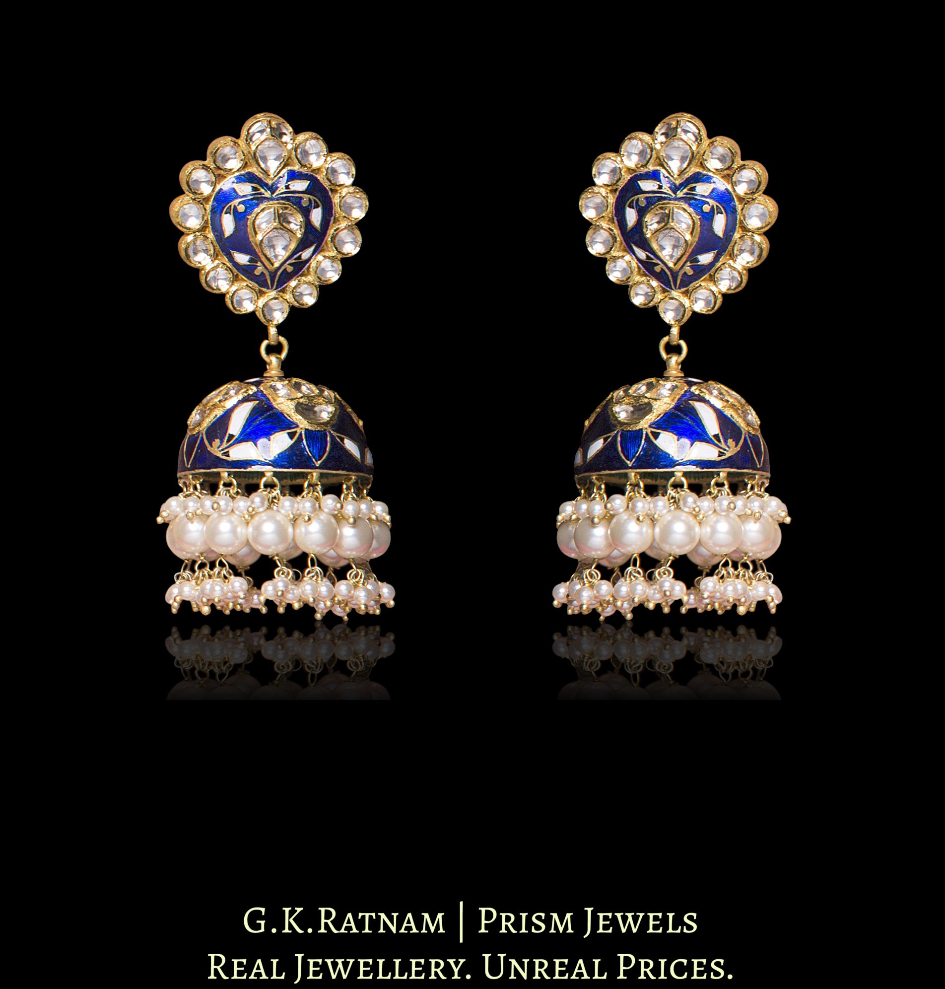 18k Gold and Diamond Polki blue enamel Jhumki Earring Pair with karanphools - G. K. Ratnam