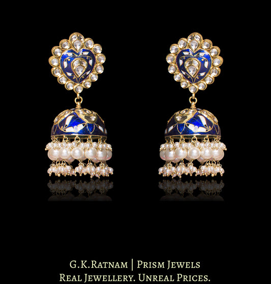 18k Gold and Diamond Polki blue enamel Jhumki Earring Pair with karanphools - G. K. Ratnam