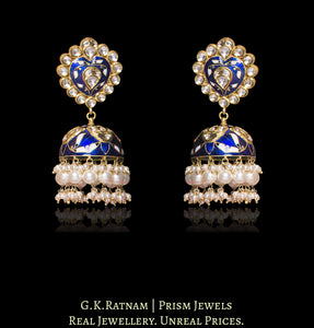 18k Gold and Diamond Polki blue enamel Jhumki Earring Pair with karanphools - G. K. Ratnam