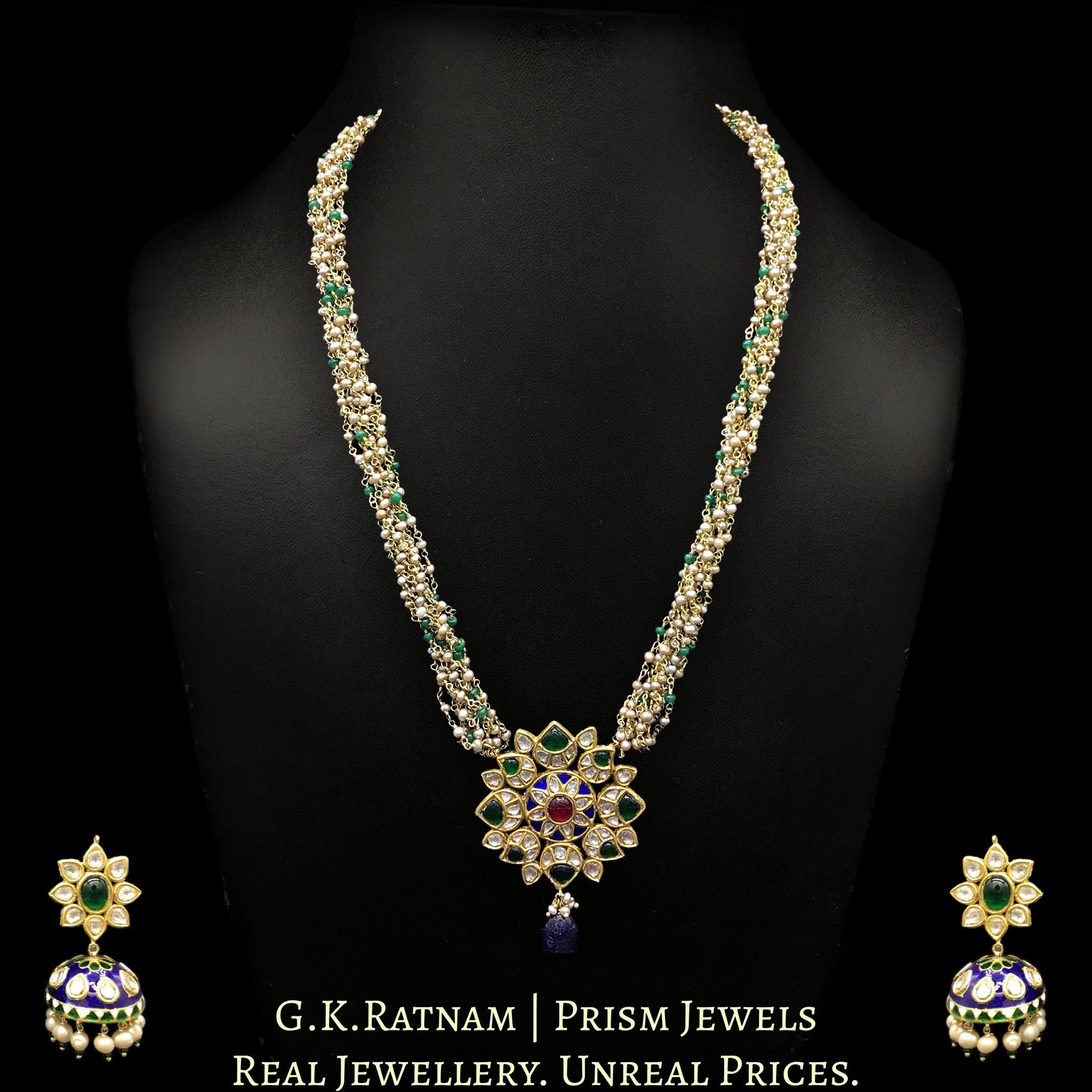 23k Gold and Diamond Polki star-shaped Pendant Set with antiqued hyderabadi pearl chains and a hint of green