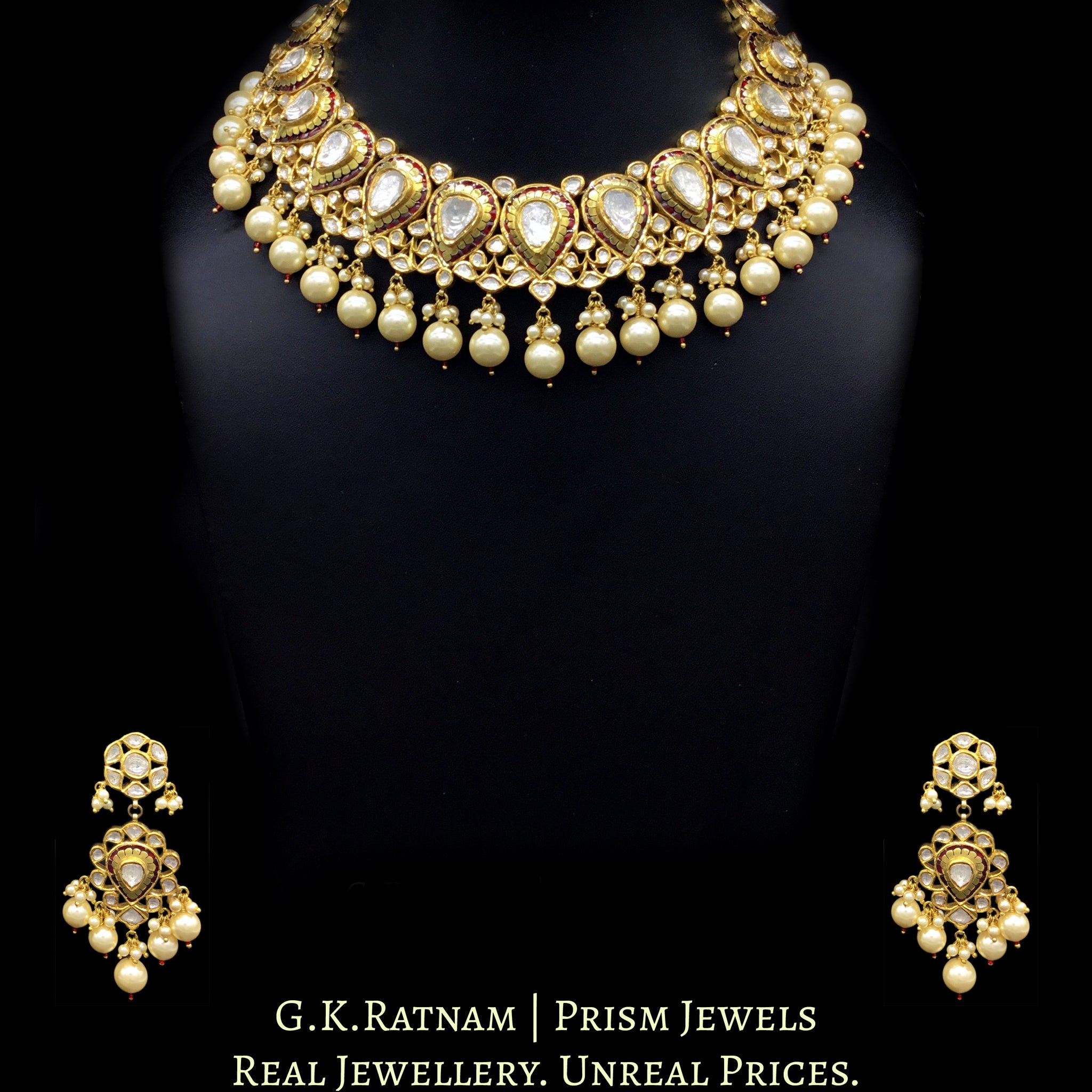 18k Gold and Diamond Polki Necklace Set with floral red meenakari – G ...