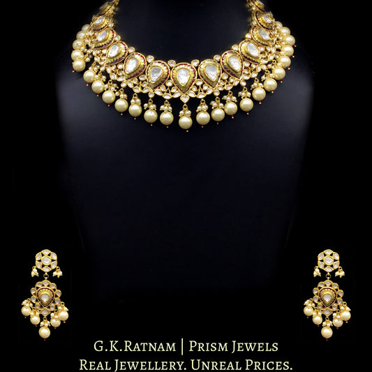 18k Gold and Diamond Polki Necklace Set with floral red meenakari