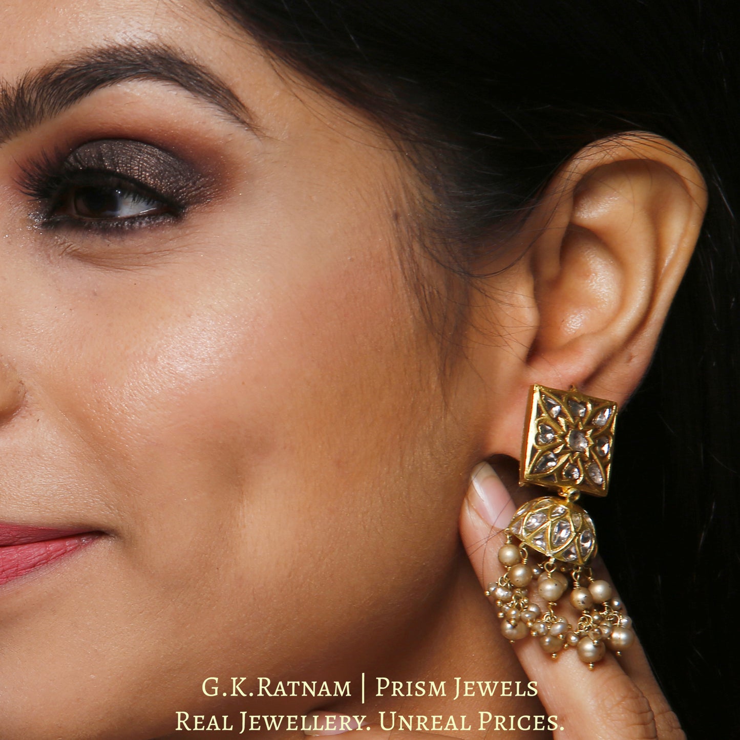 23k Gold and Diamond Polki Square Tops and Jhumki Earring Pair with antiqued freshwater pearls