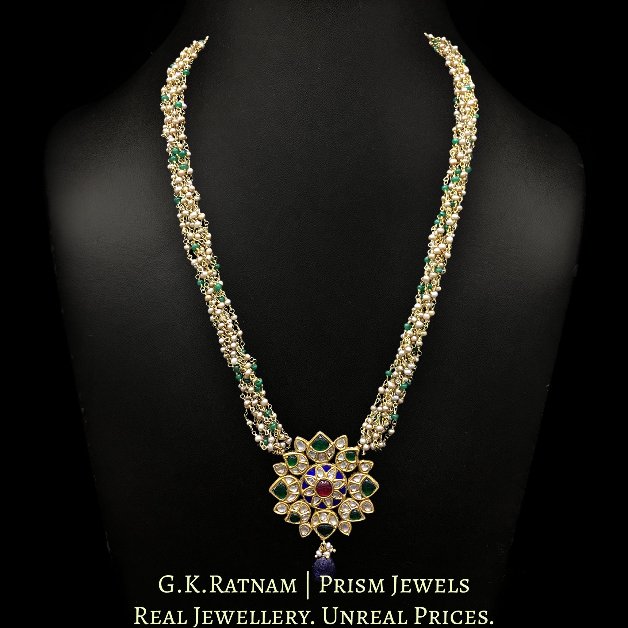 23k Gold and Diamond Polki star-shaped Pendant Set with antiqued hyderabadi pearl chains and a hint of green