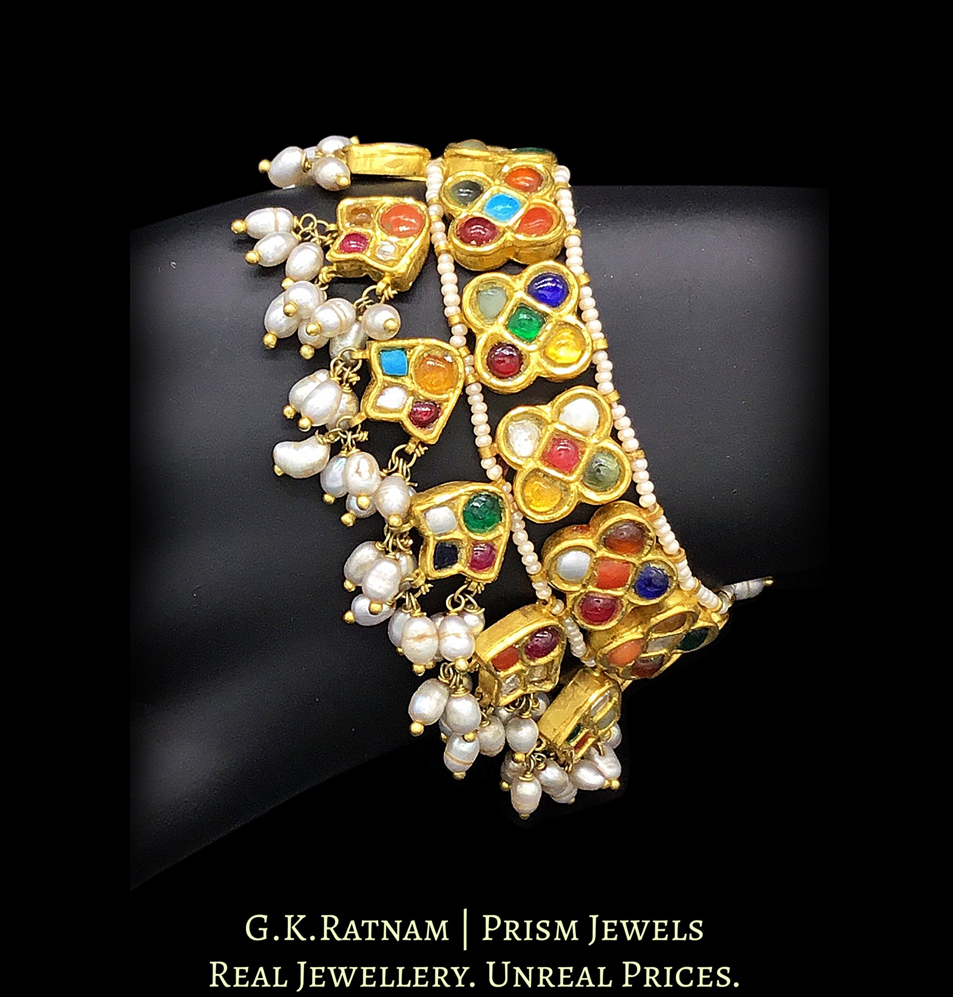 22k Gold and Diamond Polki Navratna Bracelet with Natural Freshwater Pearls - G. K. Ratnam