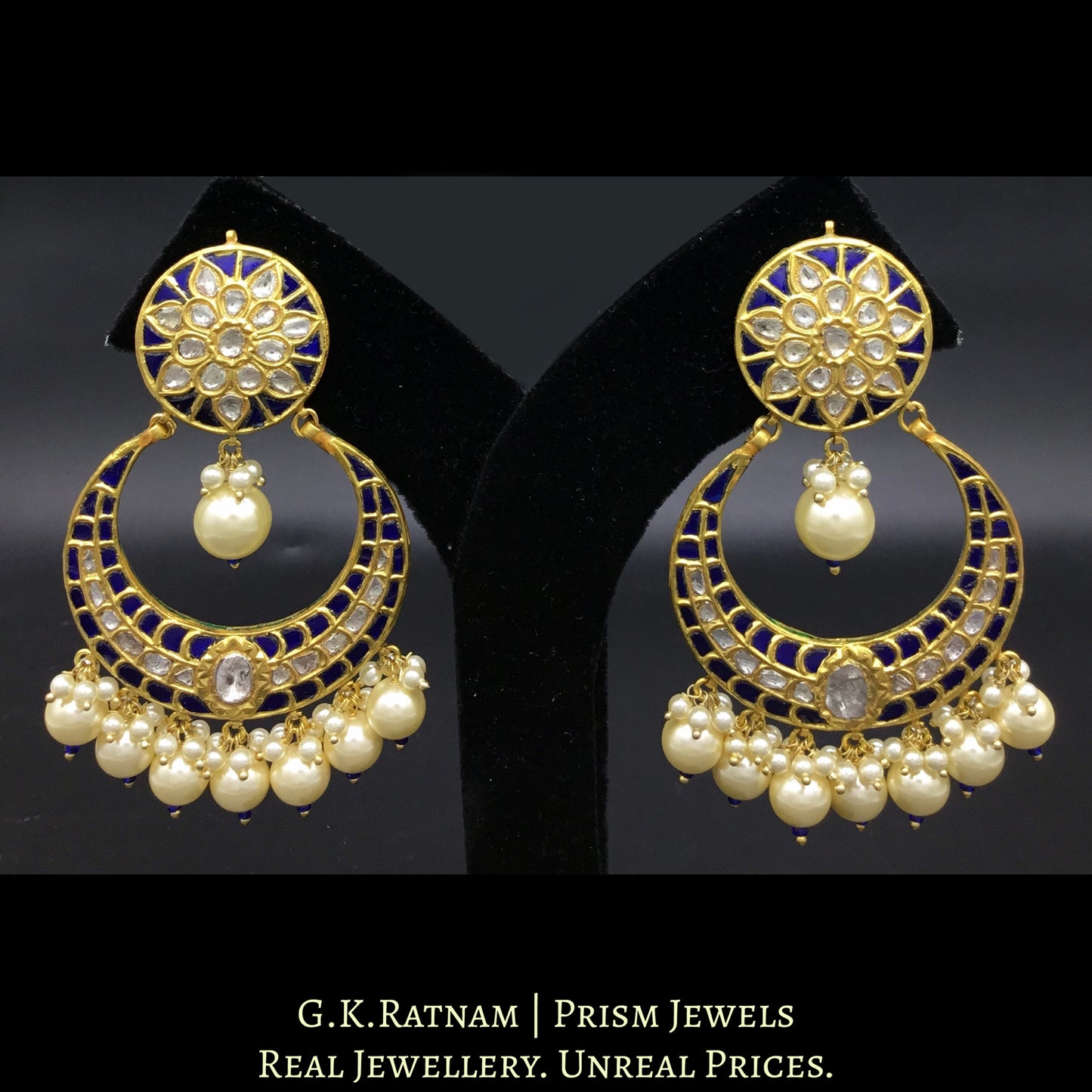 23k Gold and Diamond Polki Chand Bali Earring pair with intricately set blue stones