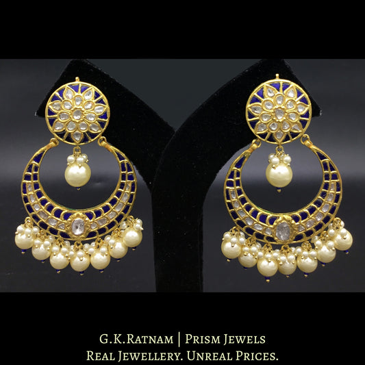 23k Gold and Diamond Polki Chand Bali Earring pair with intricately set blue stones