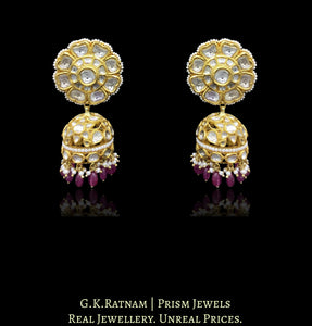 18k Gold and Diamond Polki Karanphool Jhumki Earring Pair with Natural Pink Rubies - G. K. Ratnam