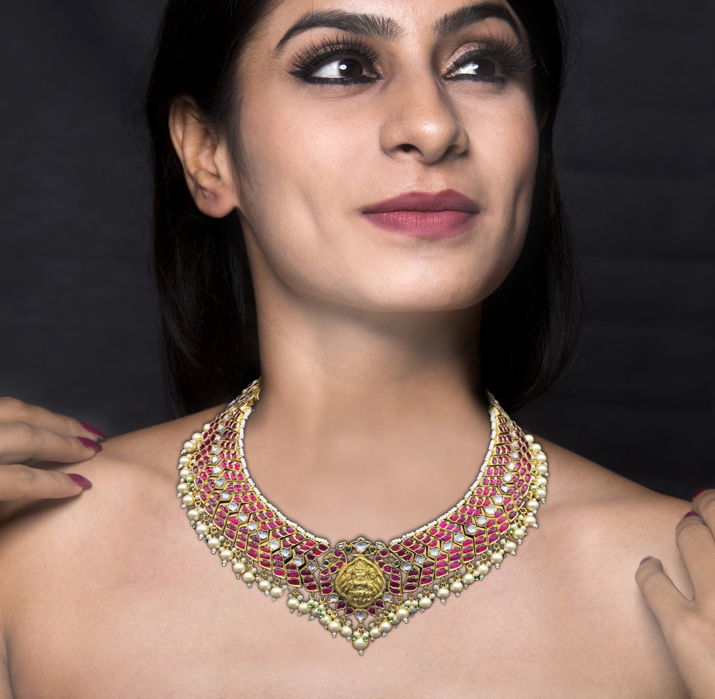 22k Gold and Diamond Polki Necklace with a blend of south, temple and jadau artforms - G. K. Ratnam