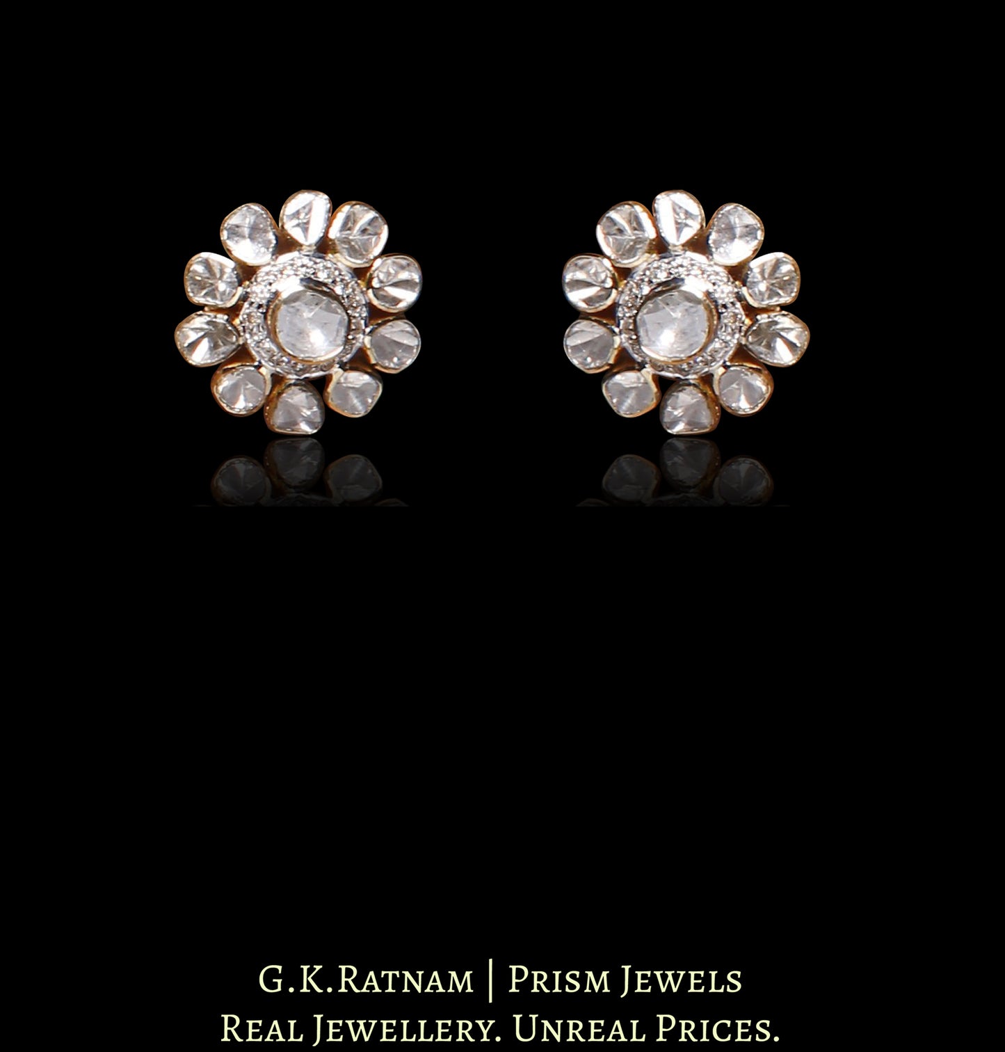 18k Gold and Diamond Polki Open Setting floral Tops / Studs Earring Pair