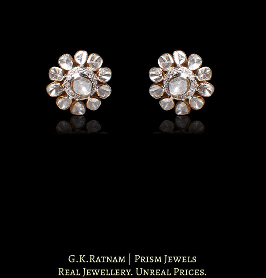18k Gold and Diamond Polki Open Setting floral Tops / Studs Earring Pair