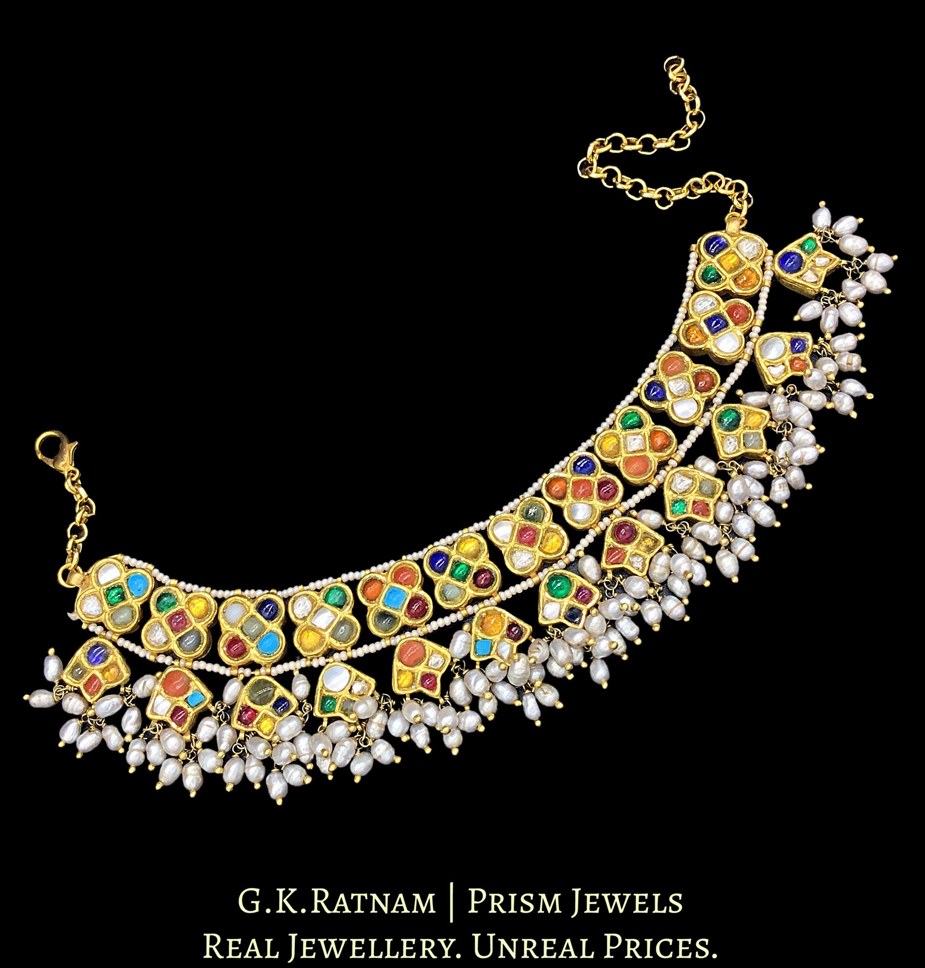 22k Gold and Diamond Polki Navratna Bracelet with Natural Freshwater Pearls - G. K. Ratnam