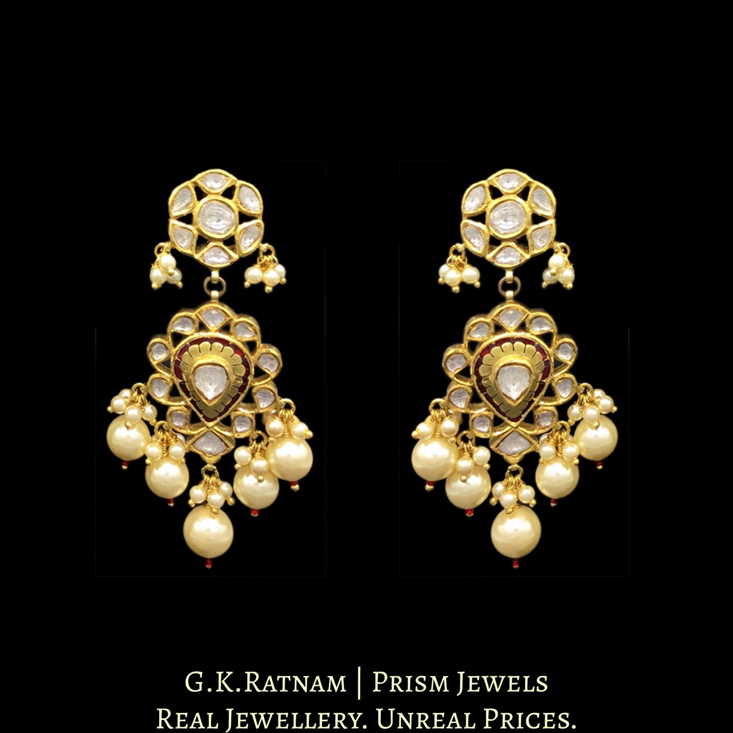 18k Gold and Diamond Polki Necklace Set with floral red meenakari