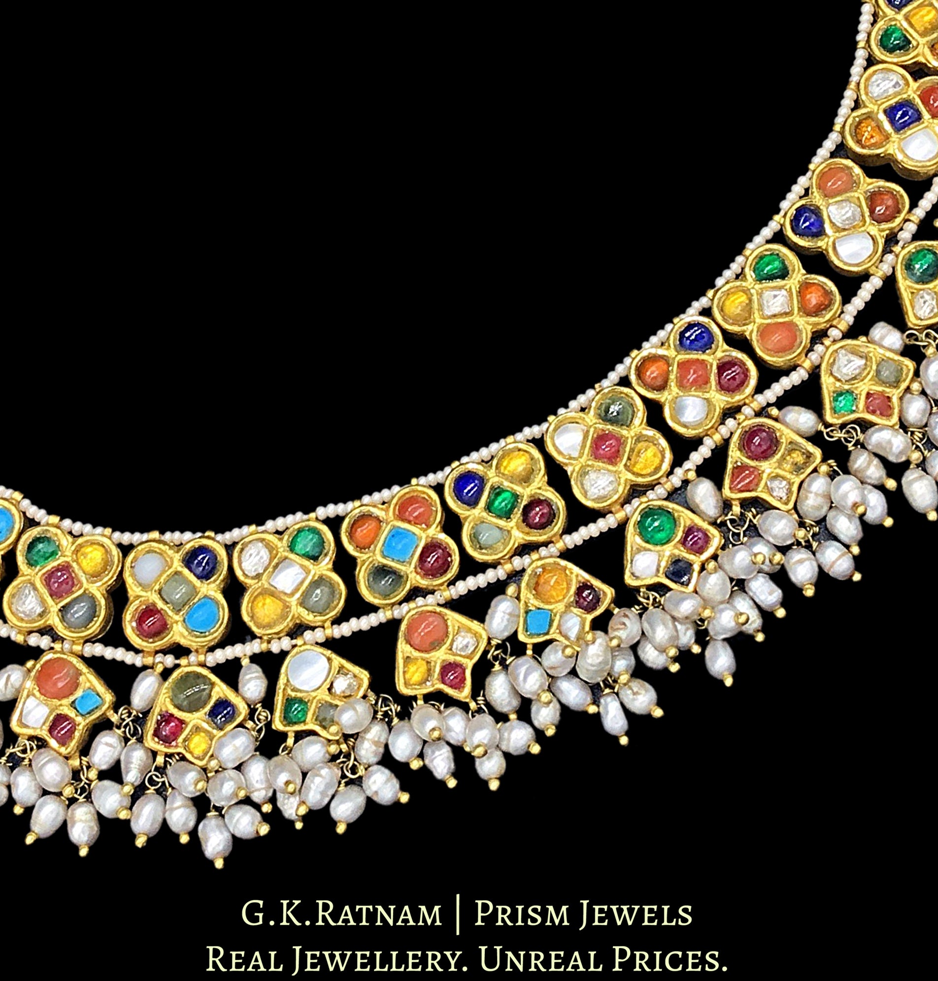 22k Gold and Diamond Polki Navratna Bracelet with Natural Freshwater Pearls - G. K. Ratnam