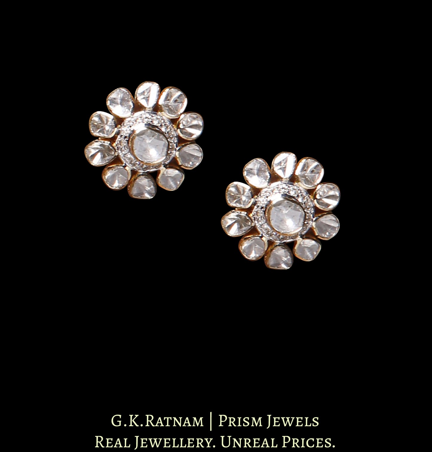 18k Gold and Diamond Polki Open Setting floral Tops / Studs Earring Pair