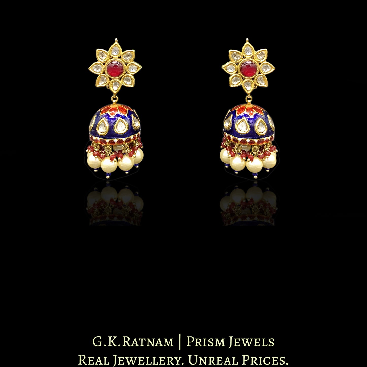 23k Gold and Diamond Polki red and blue Pendant Set with natural ruby and pearl chains