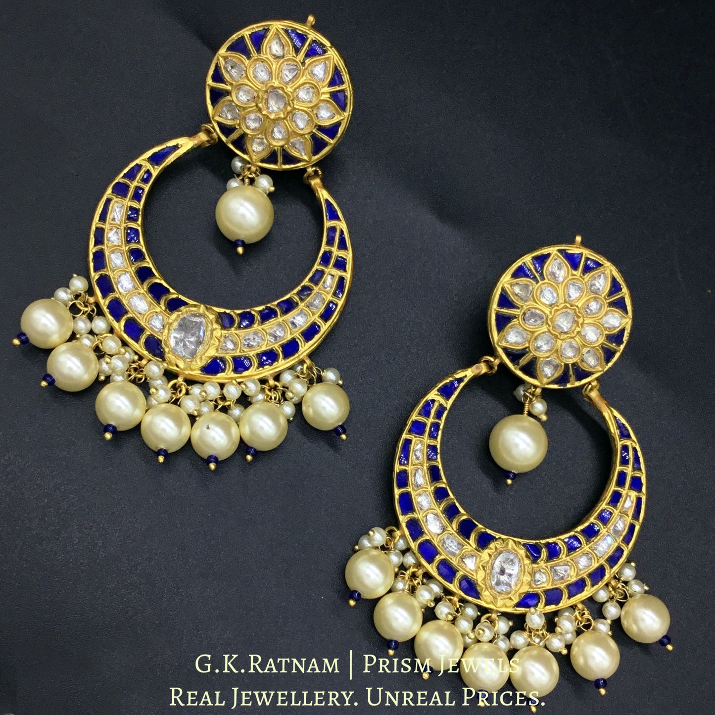23k Gold and Diamond Polki Chand Bali Earring pair with intricately set blue stones