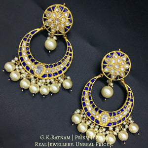 23k Gold and Diamond Polki Chand Bali Earring pair with intricately set blue stones