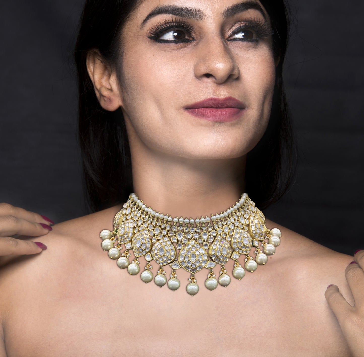 18k Gold and Diamond Polki Necklace Set with boat-shaped tikdas and lustrous pearls - G. K. Ratnam