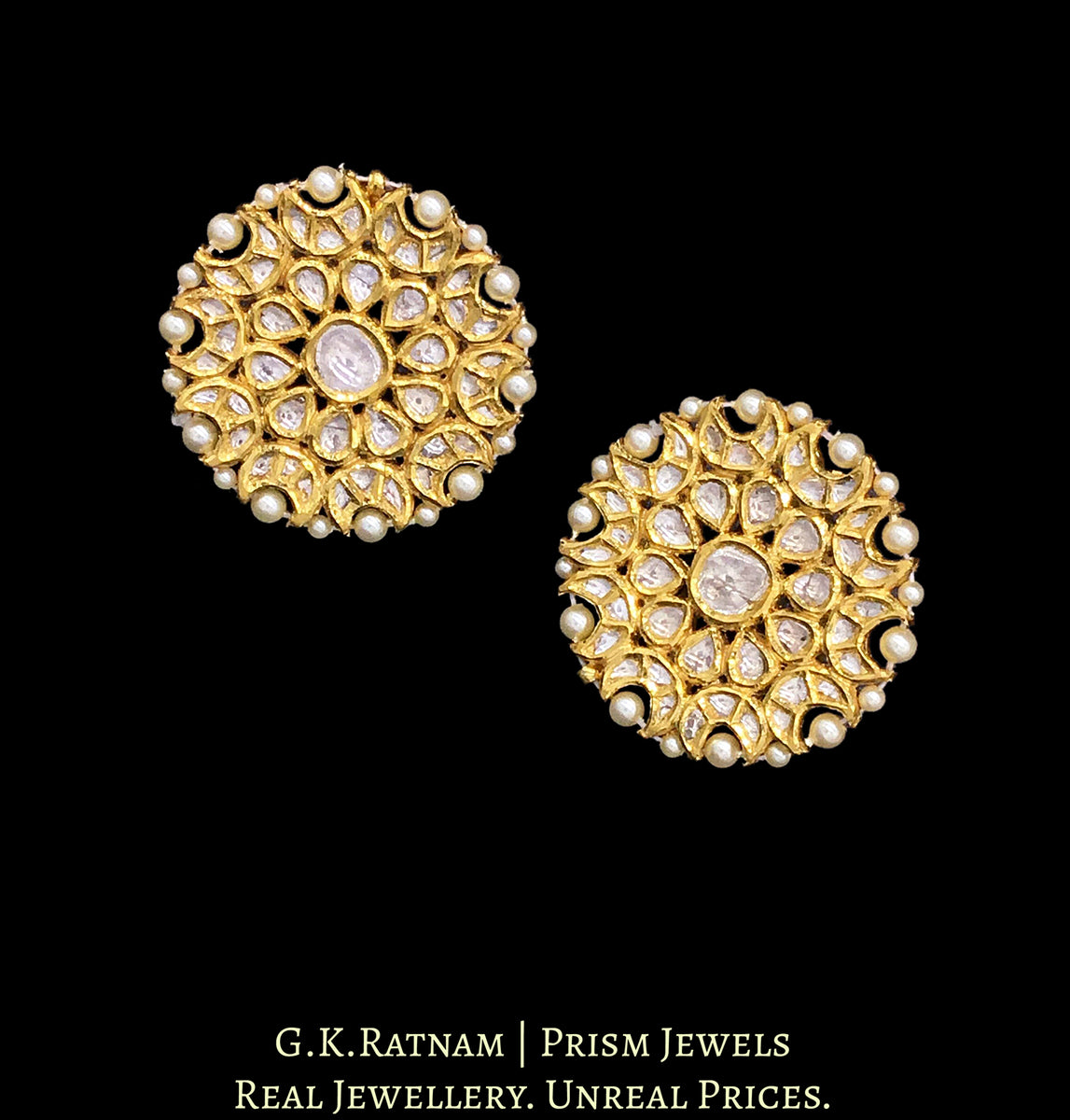 18k Gold and Diamond Polki floral Karanphool Earring Pair with pearl r ...