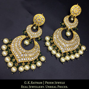 23k Gold and Diamond Polki paasa-style Long Chand Bali Earring Pair in shell pearls with a hint of green