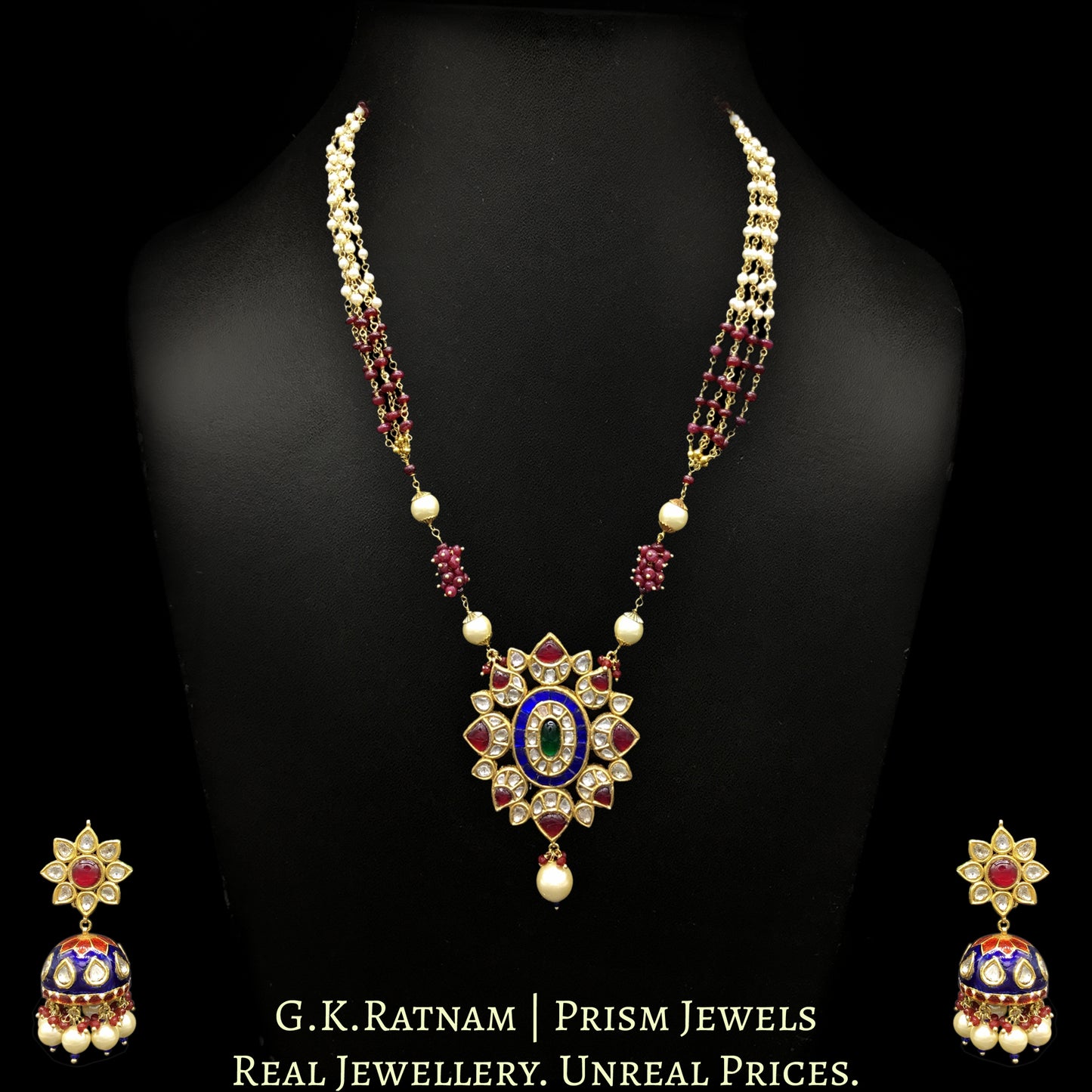 23k Gold and Diamond Polki red and blue Pendant Set with natural ruby and pearl chains