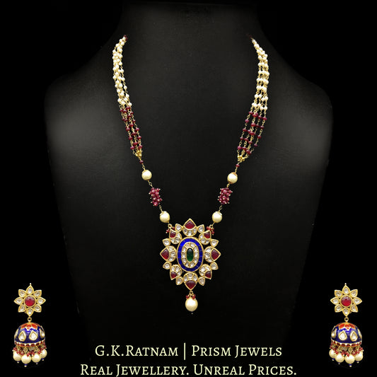 23k Gold and Diamond Polki red and blue Pendant Set with natural ruby and pearl chains