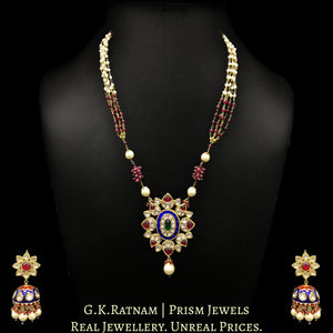 23k Gold and Diamond Polki red and blue Pendant Set with natural ruby and pearl chains