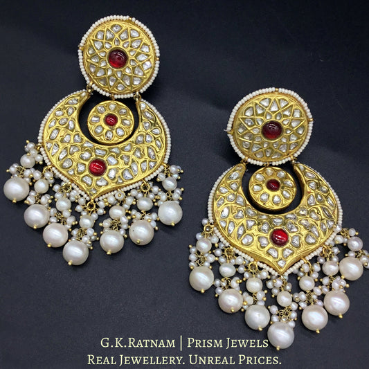 23k Gold and Diamond Polki Chand Bali Earring Pair with ruby-red center