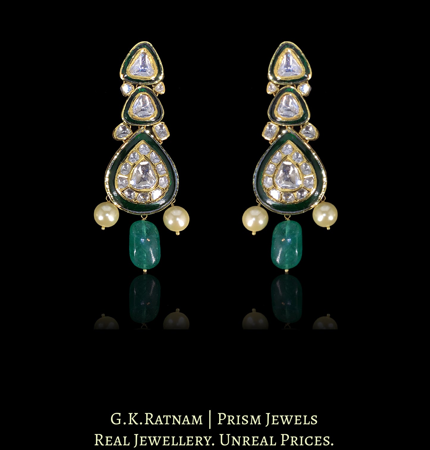 18k Gold and Diamond Polki Long Necklace Set with Green Beryls and Pearls